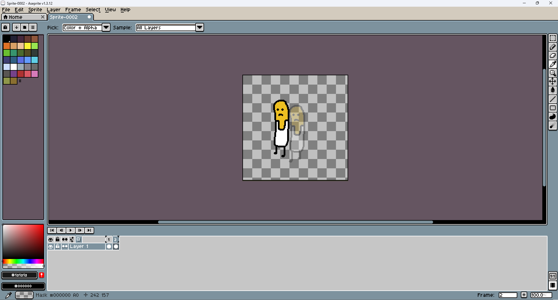 Aseprite drawing app, showing the onion skin from a previous frame