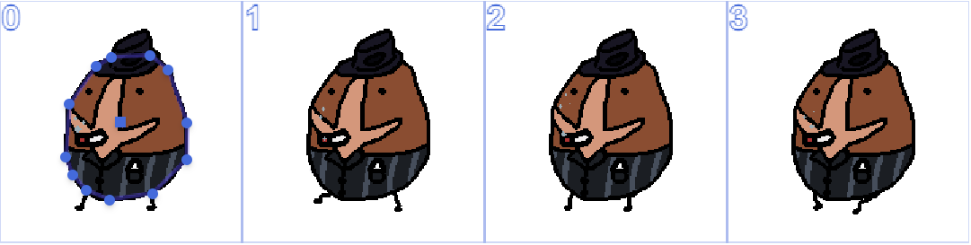 Frame by frame of Baked Potato's spritesheet, including hitbox outline