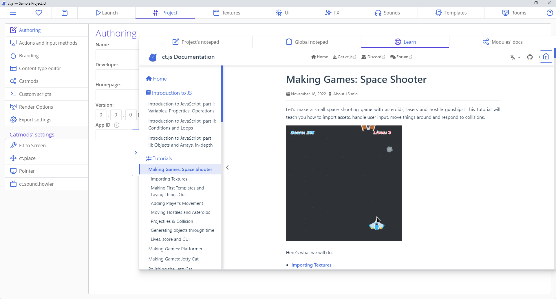 Ct.js spaceshooter tutorial within the engine